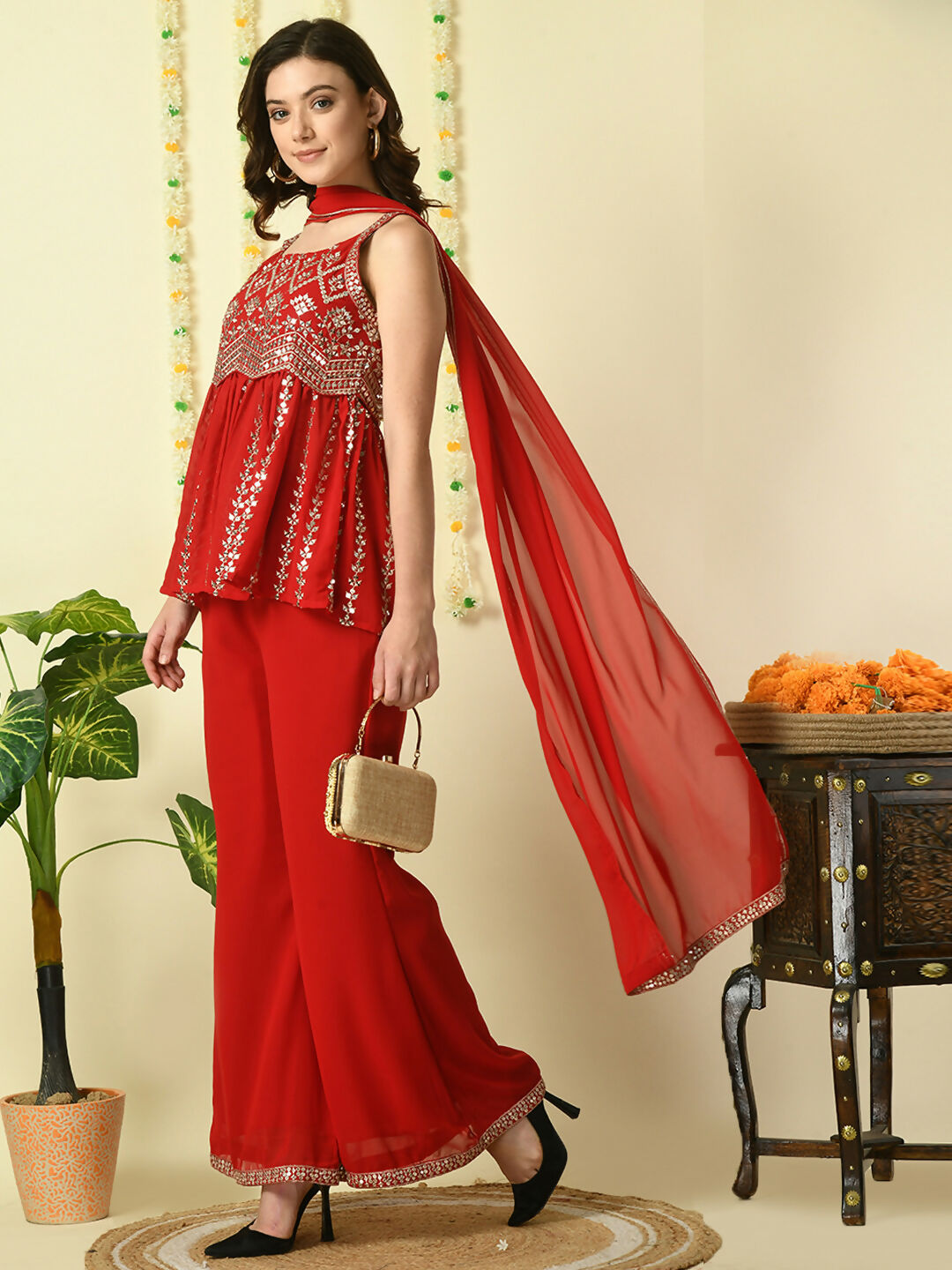 Myshka Women's Red Georgette Top & Palazzos With Dupatta Party Sets