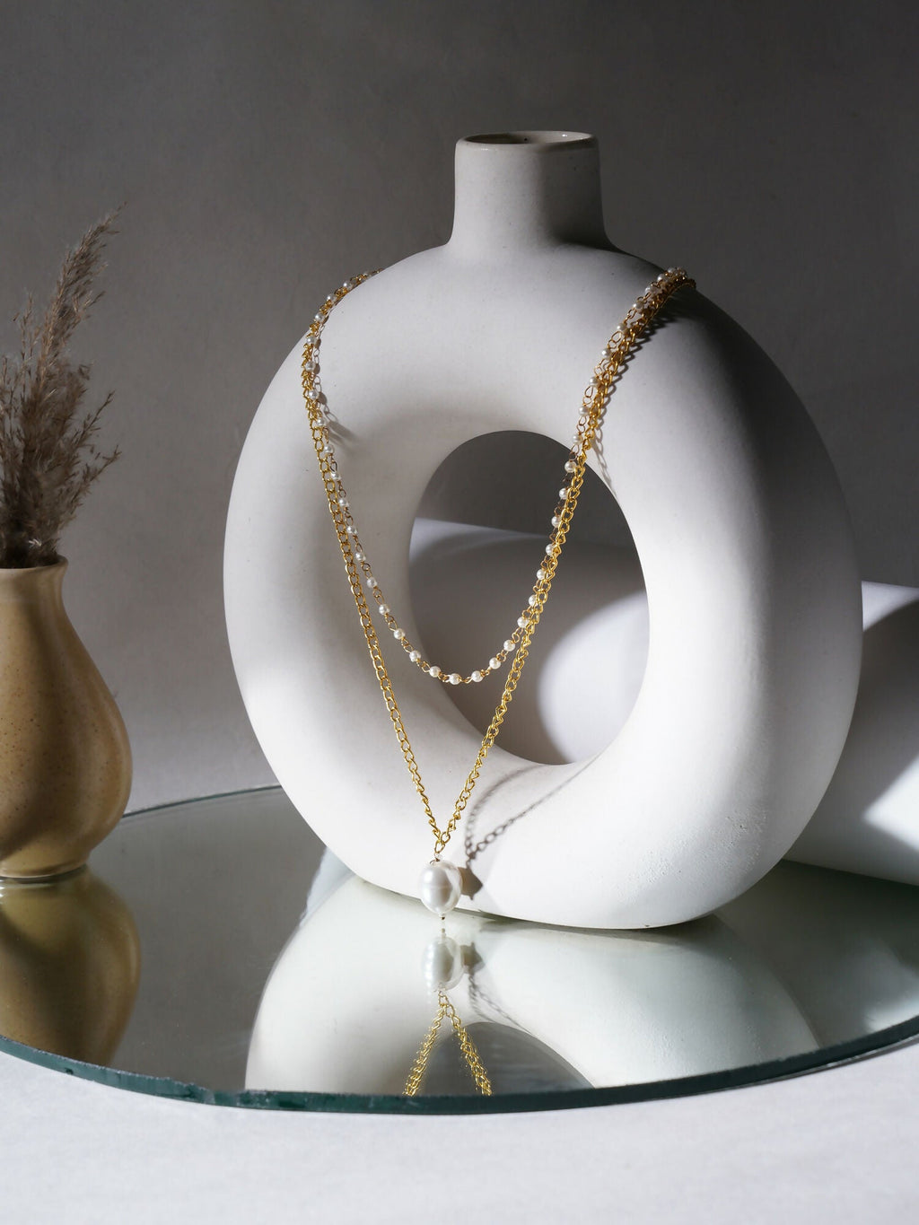 Layered Pearl and Gold Neckpiece with Emeralds (Gold) - Ruby Raang