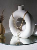 Layered Pearl and Gold Neckpiece with Emeralds (Gold) - Ruby Raang