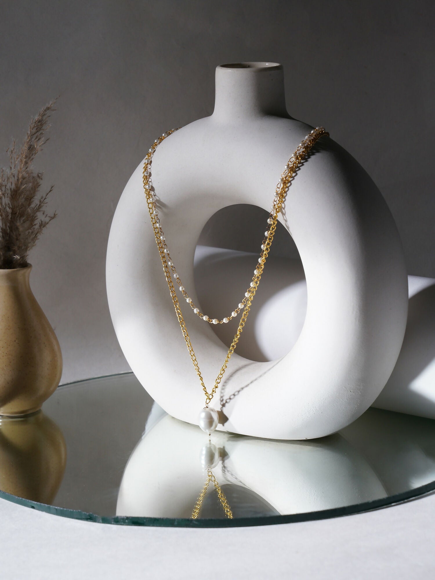 Layered Pearl and Gold Neckpiece with Emeralds (Gold) - Ruby Raang