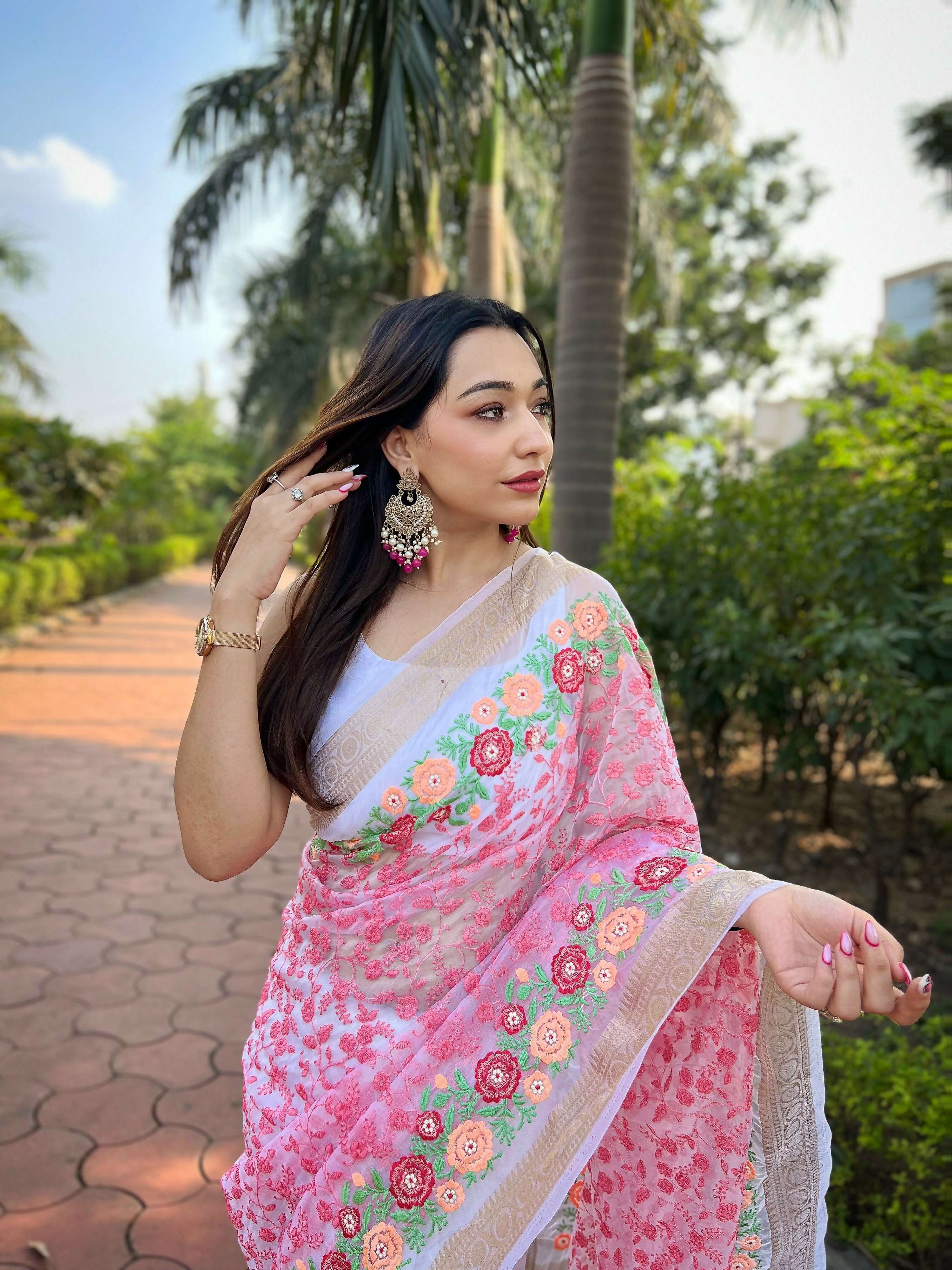 Vamsee Radhika Jaal Pink Organza Silk Saree