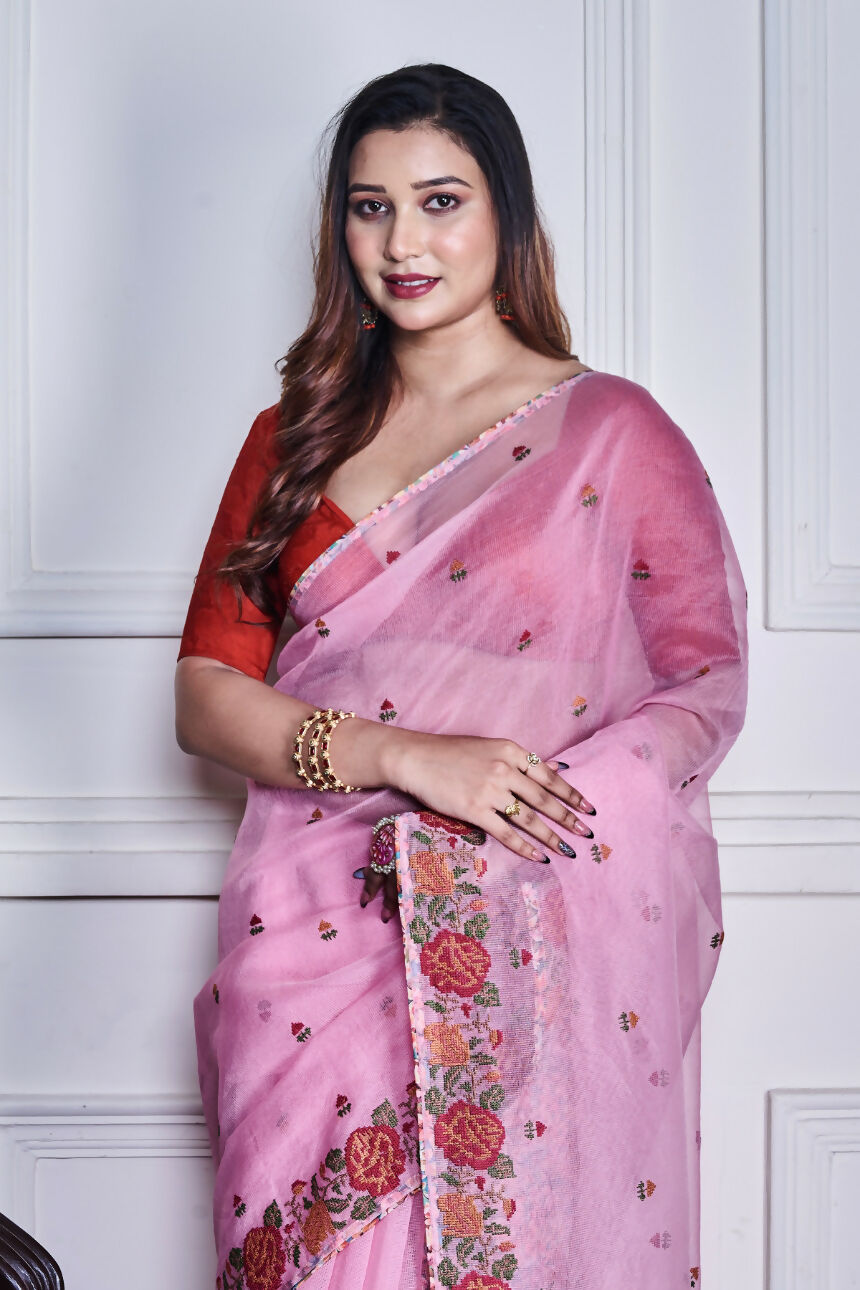 Morchari Pink Supernet Cross Embroidery Saree Unstitched Blouse - Distacart