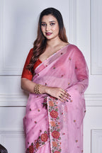 Morchari Pink Supernet Cross Embroidery Saree Unstitched Blouse - Distacart