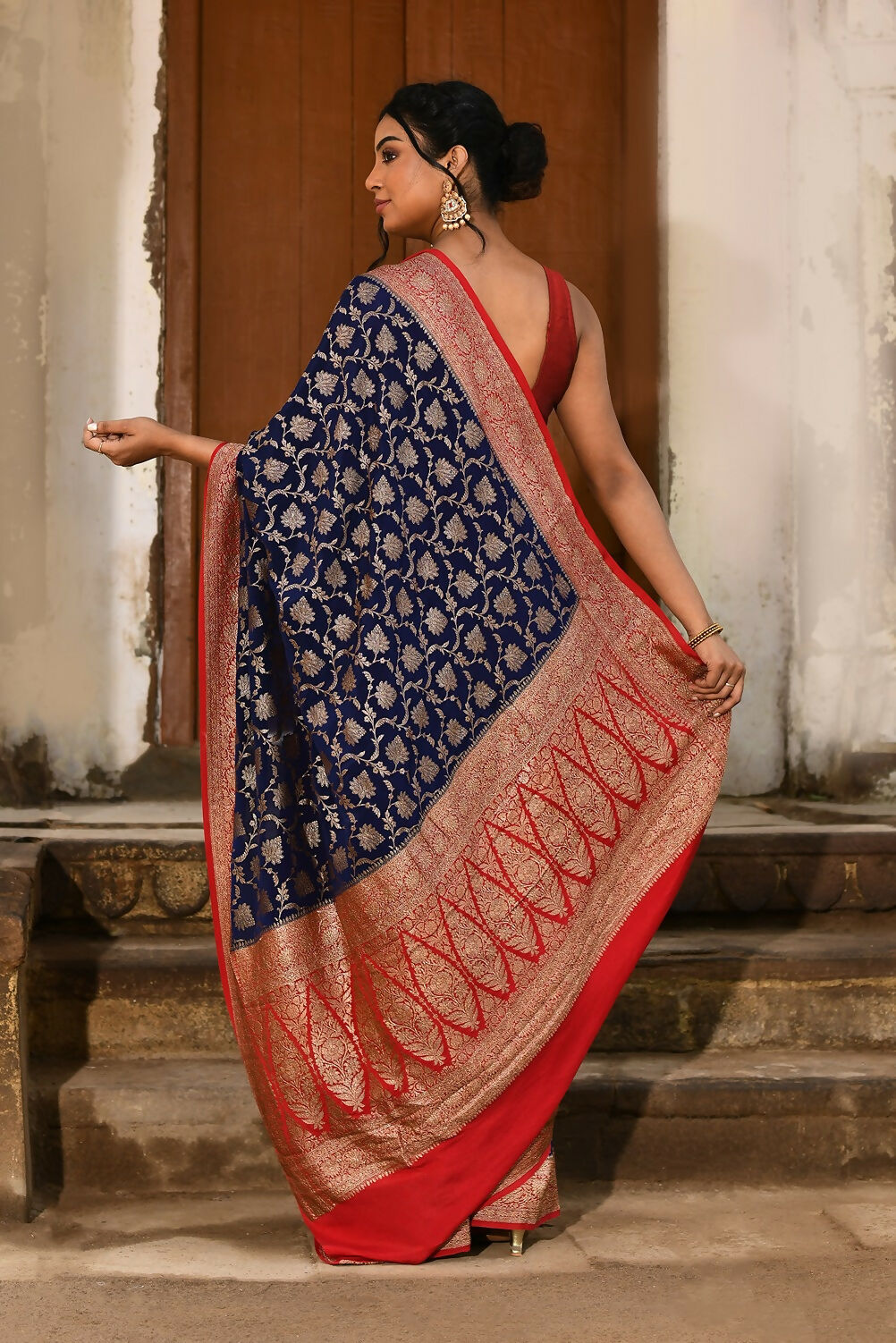 Joban Fashion Navy Blue Crepe Chiffon Pure Handloom Banarasi Silk Saree