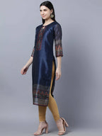 Myshka Women Navy Blue Ethnic Motifs Printed Keyhole Neck Chanderi Silk Kurta - Distacart