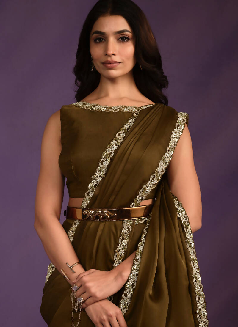 Olive Crepe Shimmer Silk Embroidered Saree With Stitched Blouse - Mohmanthan Exotica