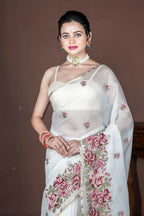 Morchari Off White Supernet Cross Embroidery Saree Unstitched Blouse - Distacart