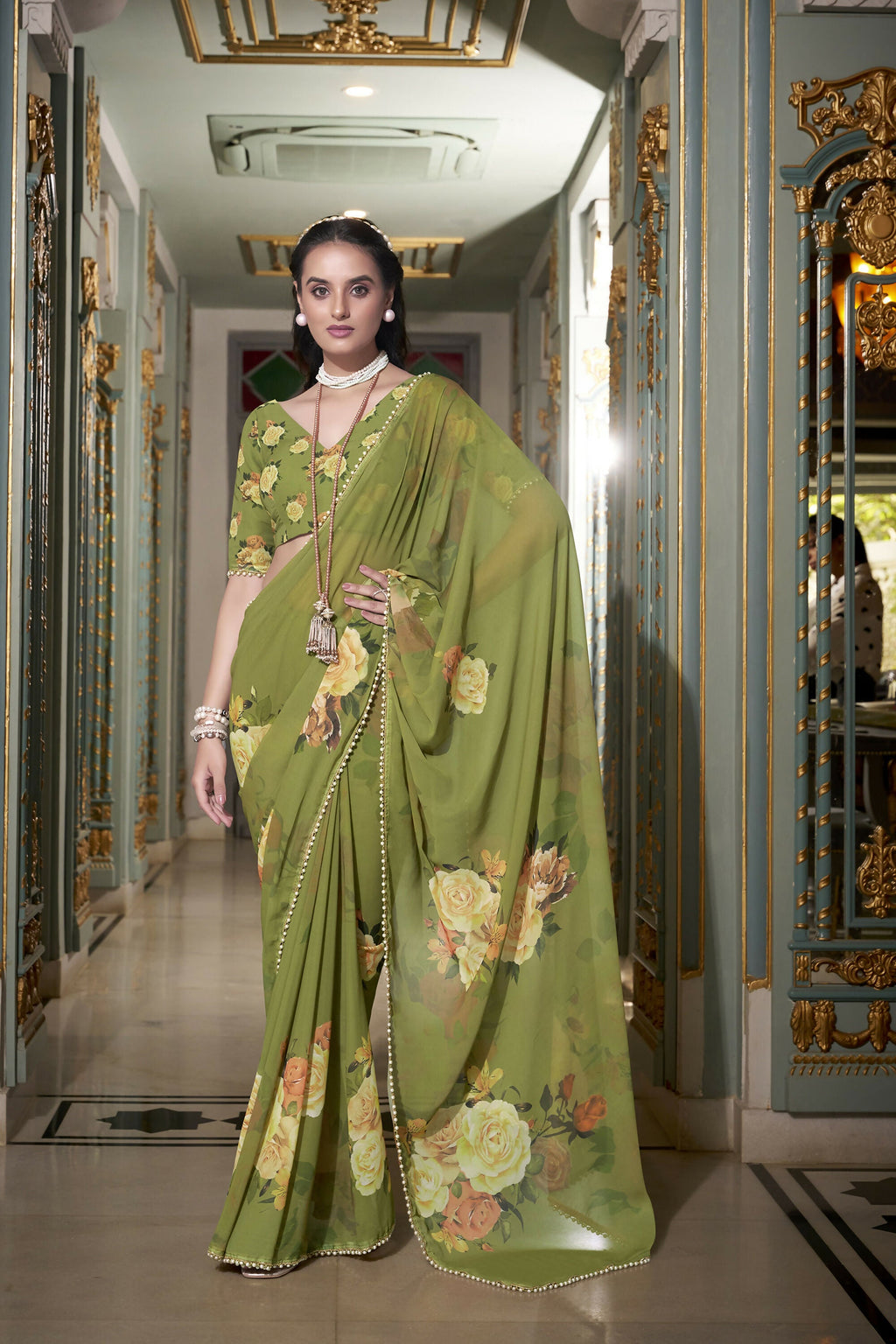 Vastranavya Mehendi Spectacular Georgette Printed with Pearl Lace Saree with Unstitched Blouse - Distacart