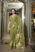 Vastranavya Mehendi Spectacular Georgette Printed with Pearl Lace Saree with Unstitched Blouse - Distacart