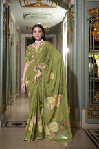 Vastranavya Mehendi Spectacular Georgette Printed with Pearl Lace Saree with Unstitched Blouse - Distacart
