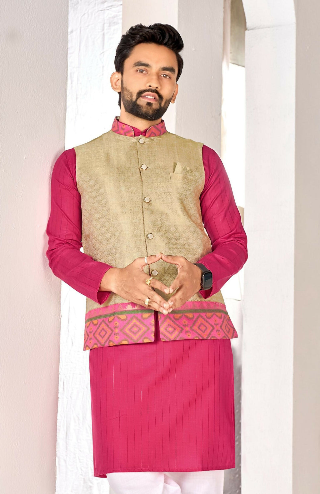 Anaita Beige Cotton Straight Kurta Pajama & Koti With Jequard Work
