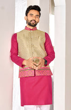Anaita Beige Cotton Straight Kurta Pajama & Koti With Jequard Work