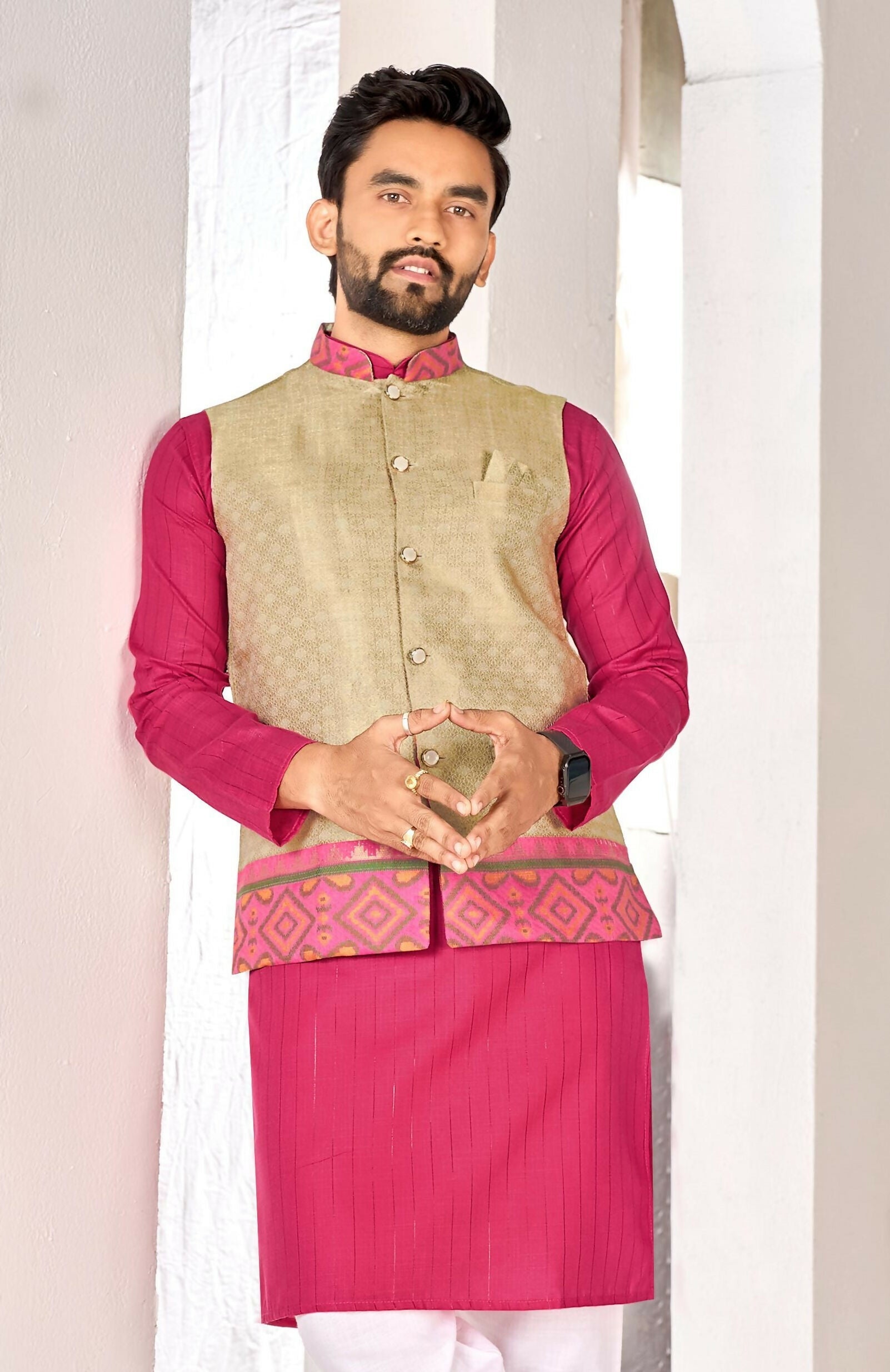 Anaita Beige Cotton Straight Kurta Pajama & Koti With Jequard Work