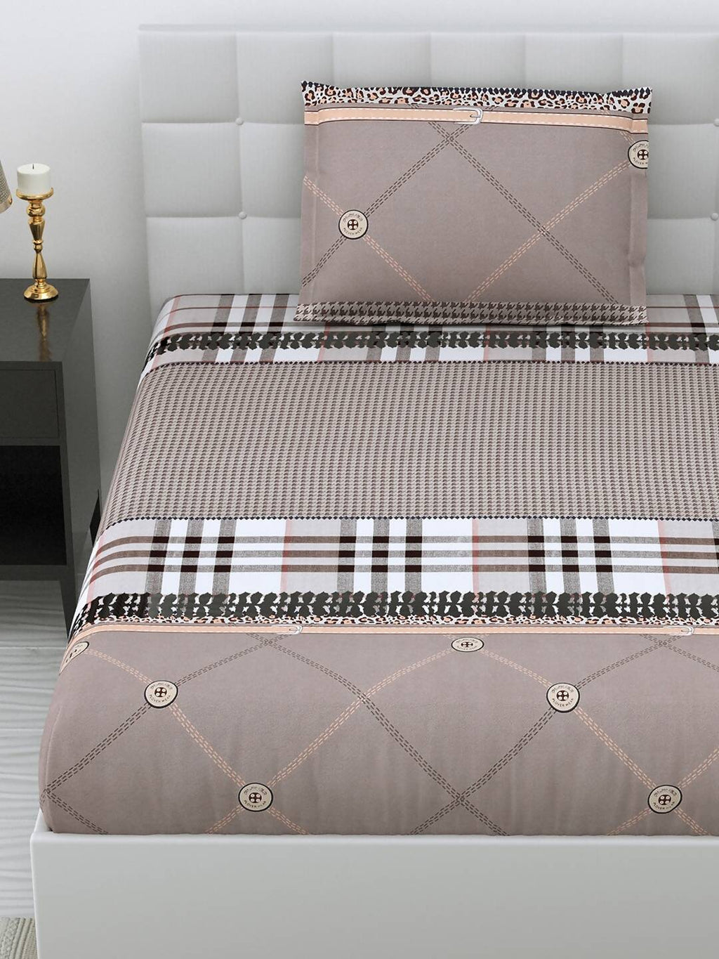 DREAM WEAVERZ Beige Checked 220 TC Glazed Cotton Bedsheet with Pillow Covers