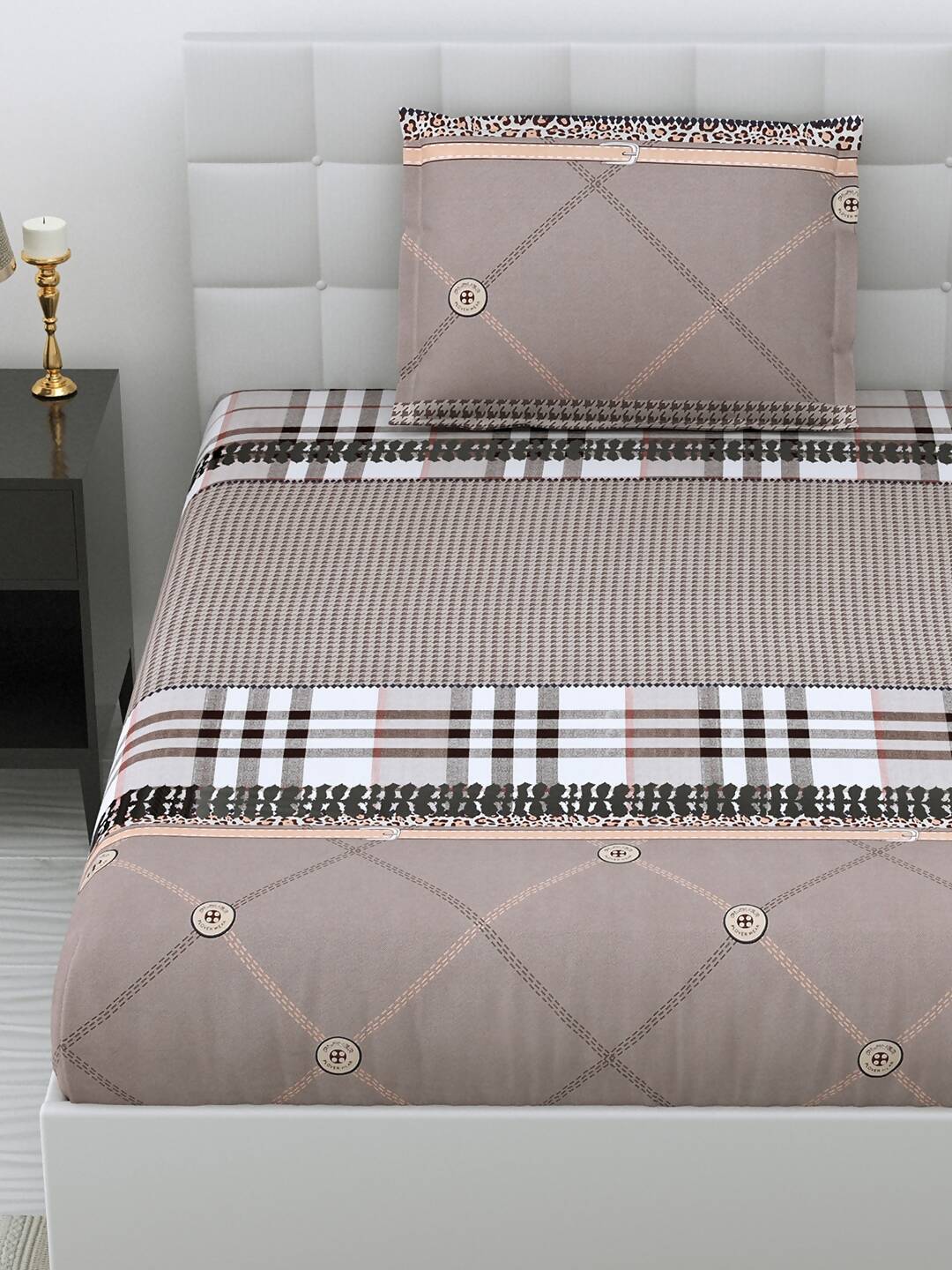 DREAM WEAVERZ Beige Checked 220 TC Glazed Cotton Bedsheet with Pillow Covers