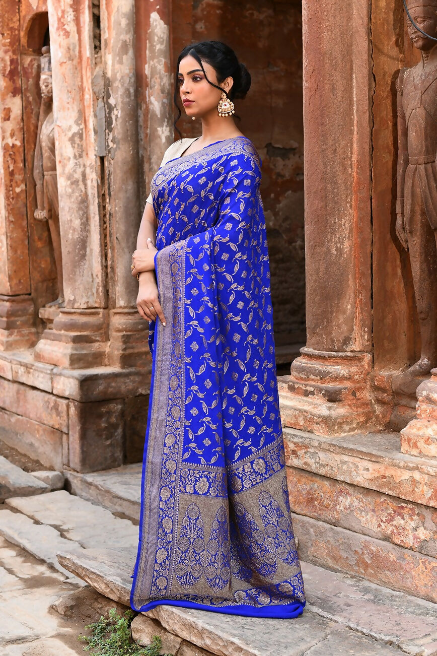 Joban Fashion Violet Crepe Chiffon Pure Handloom Banarasi Silk Saree