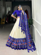 Lorenvalley Offwhite and Royalblue Tussar Silk Patola Print Lehenga Choli