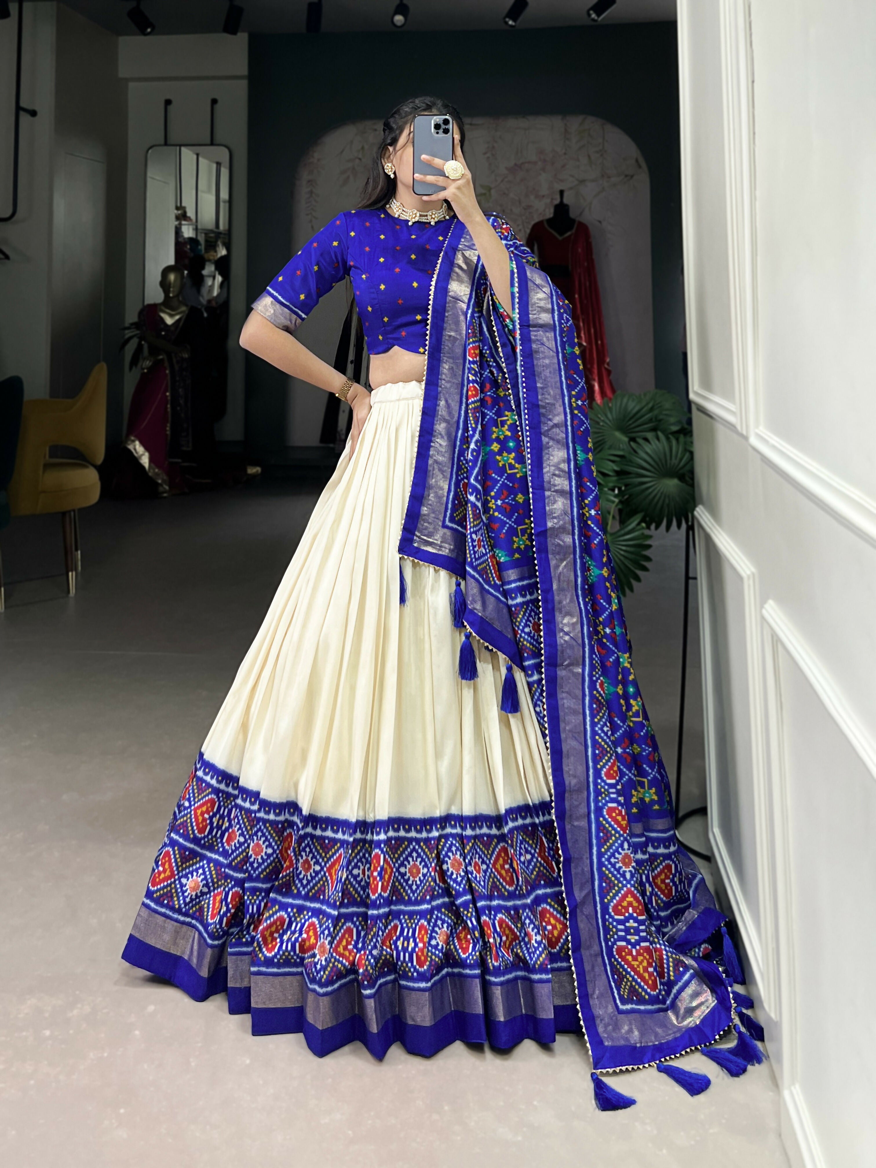 Lorenvalley Offwhite and Royalblue Tussar Silk Patola Print Lehenga Choli