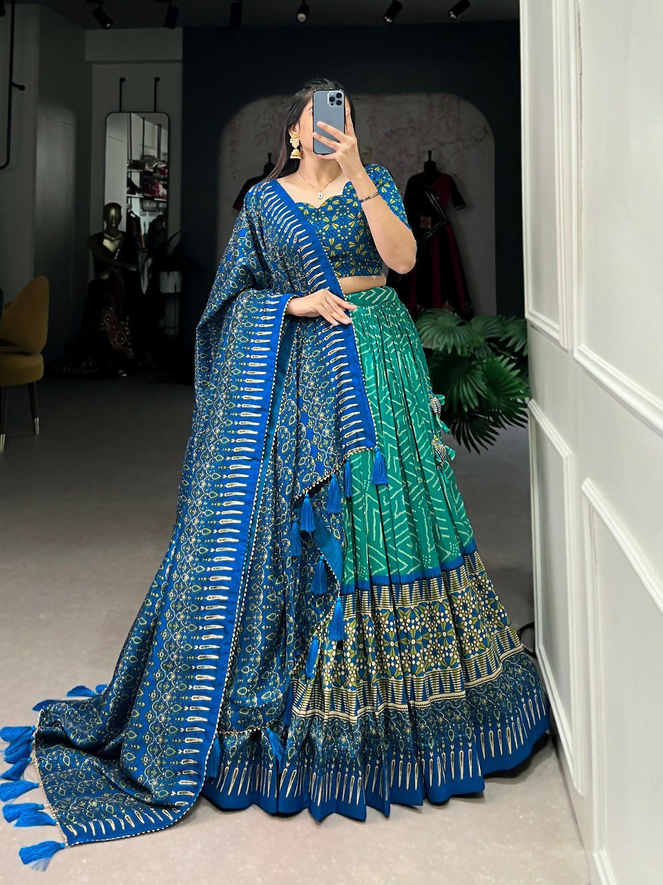 Vastranavya Bandhej And Ajarakh Print Tussar Silk Lehenga Choli - Green