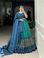 Vastranavya Bandhej And Ajarakh Print Tussar Silk Lehenga Choli - Green