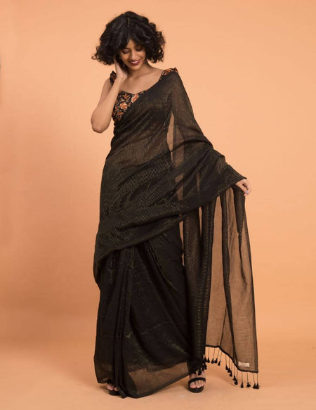 Suta Black Woven Zari Striped Pure Handloom Cotton Saree