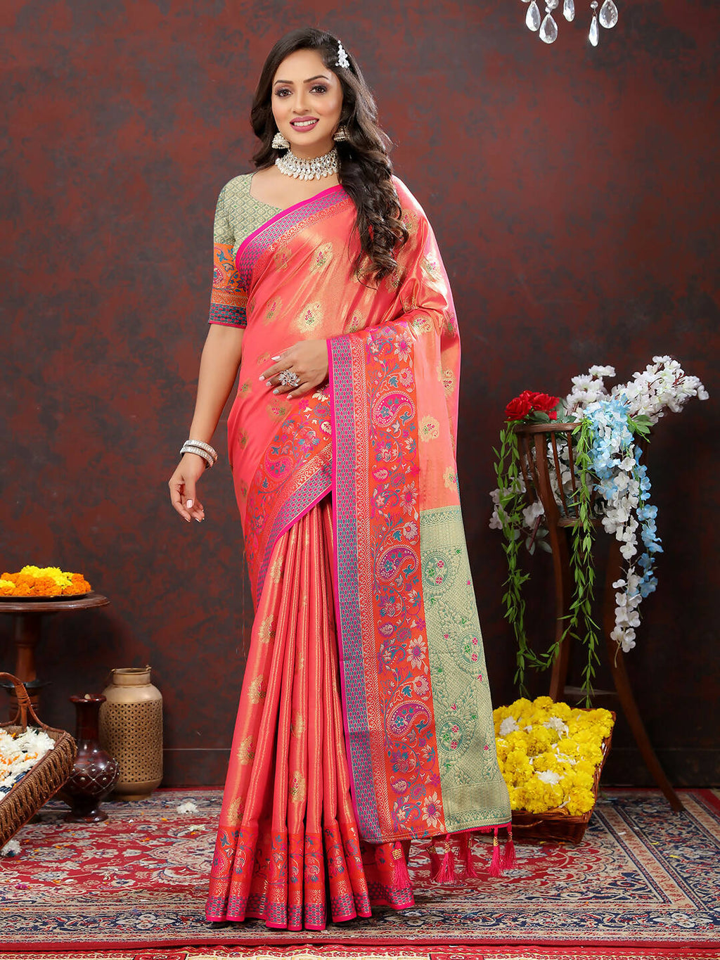 Lorenvalley Fashion Peach Kanjivaram Silk Woven Design with Zari Weaving Saree