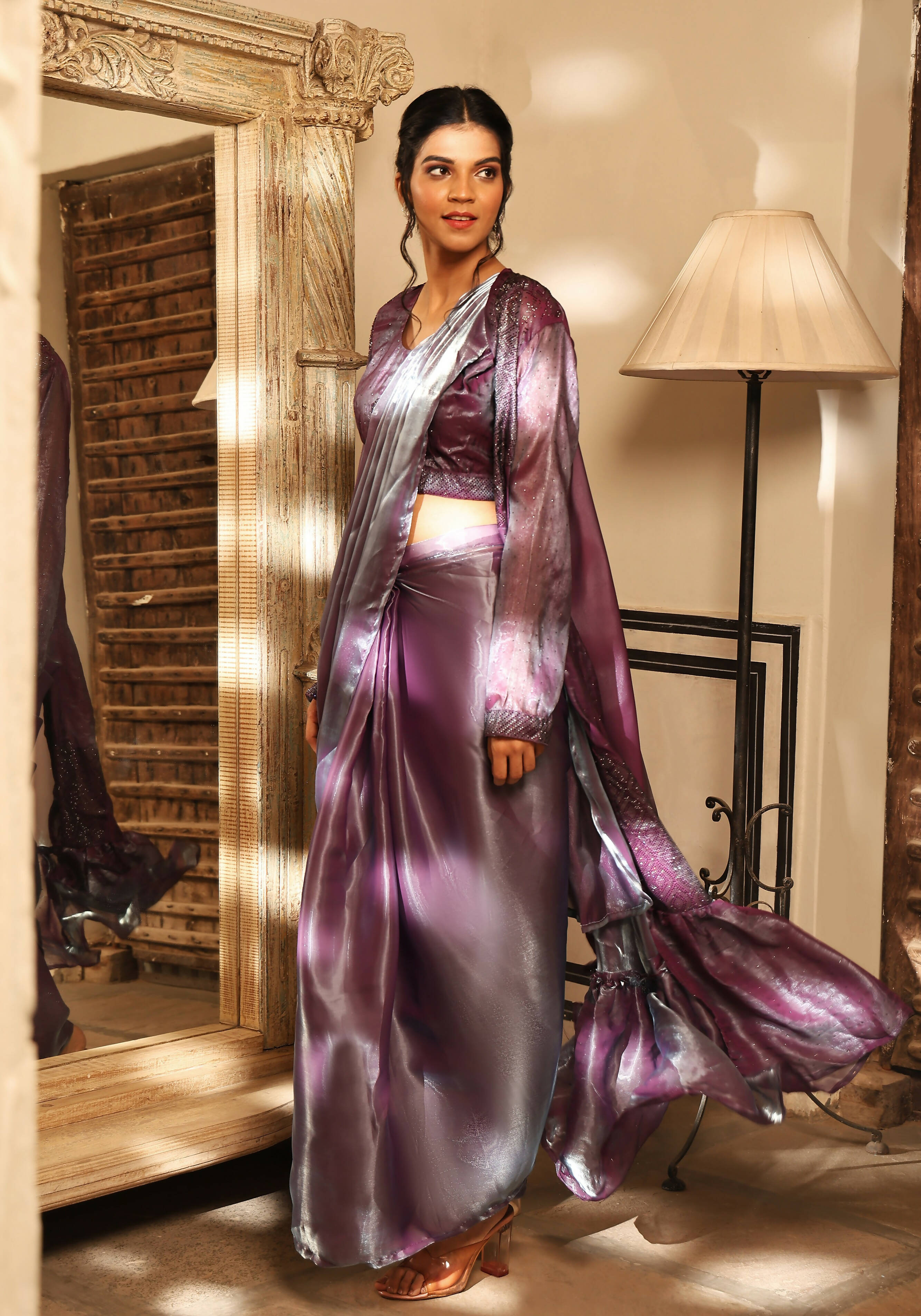 Lavender Tom Silk Plain Ready To Wear Saree With Stitched Blouse - Satiksha