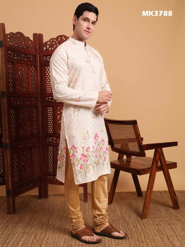 Cream Cotton Printed Chikankari Embroidery Work Kurta - Mahotsav