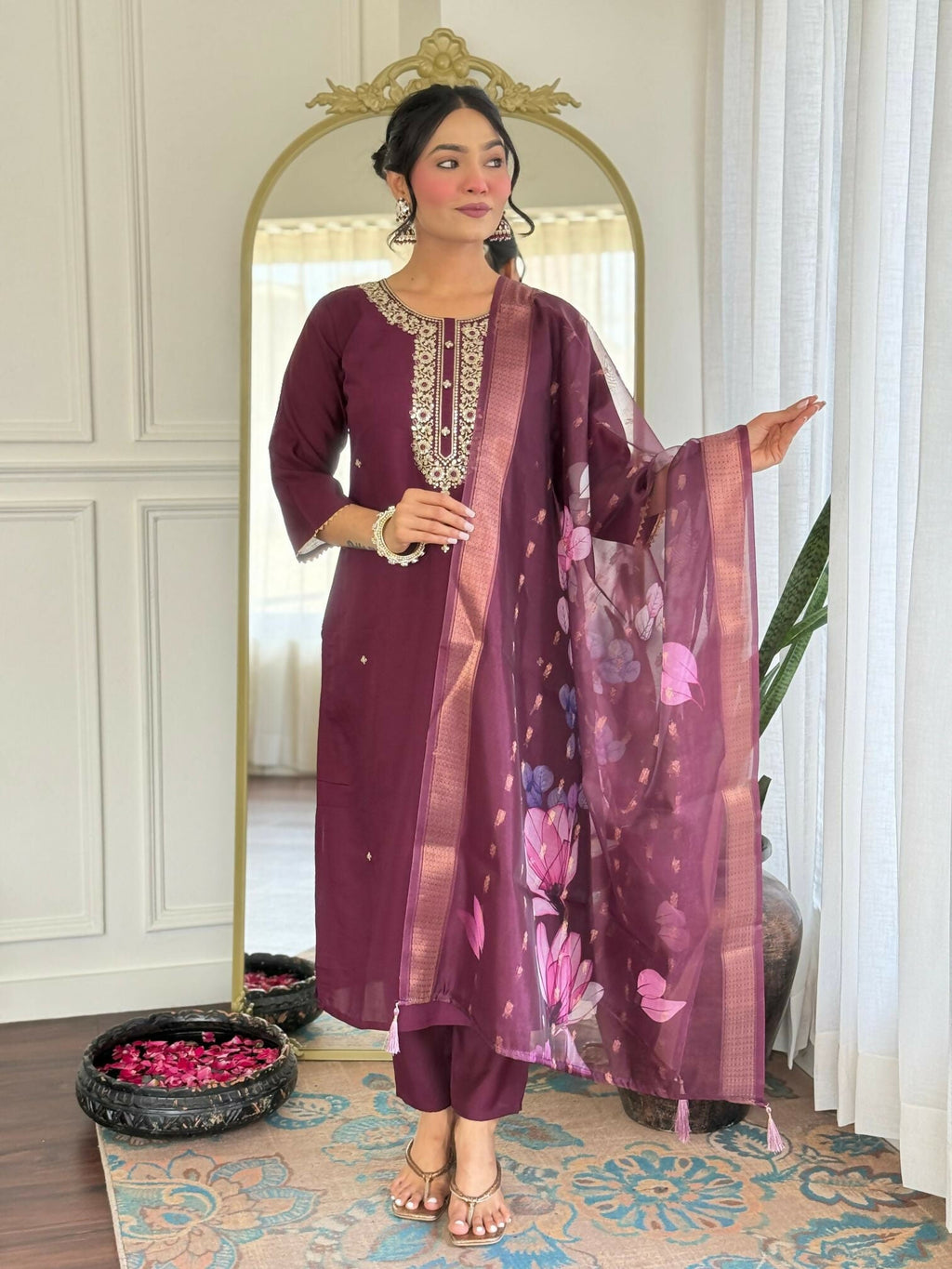 The52 Wine Women's Gorgeous Rayon Fabric Embroidered Work Straight Kurta Pant and Dupatta Set - Distacart