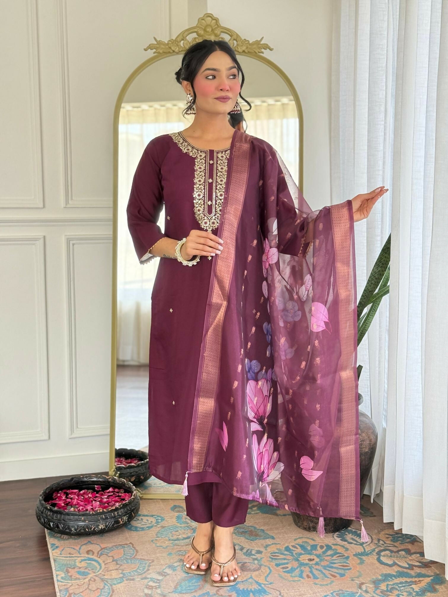 The52 Wine Women's Gorgeous Rayon Fabric Embroidered Work Straight Kurta Pant and Dupatta Set - Distacart