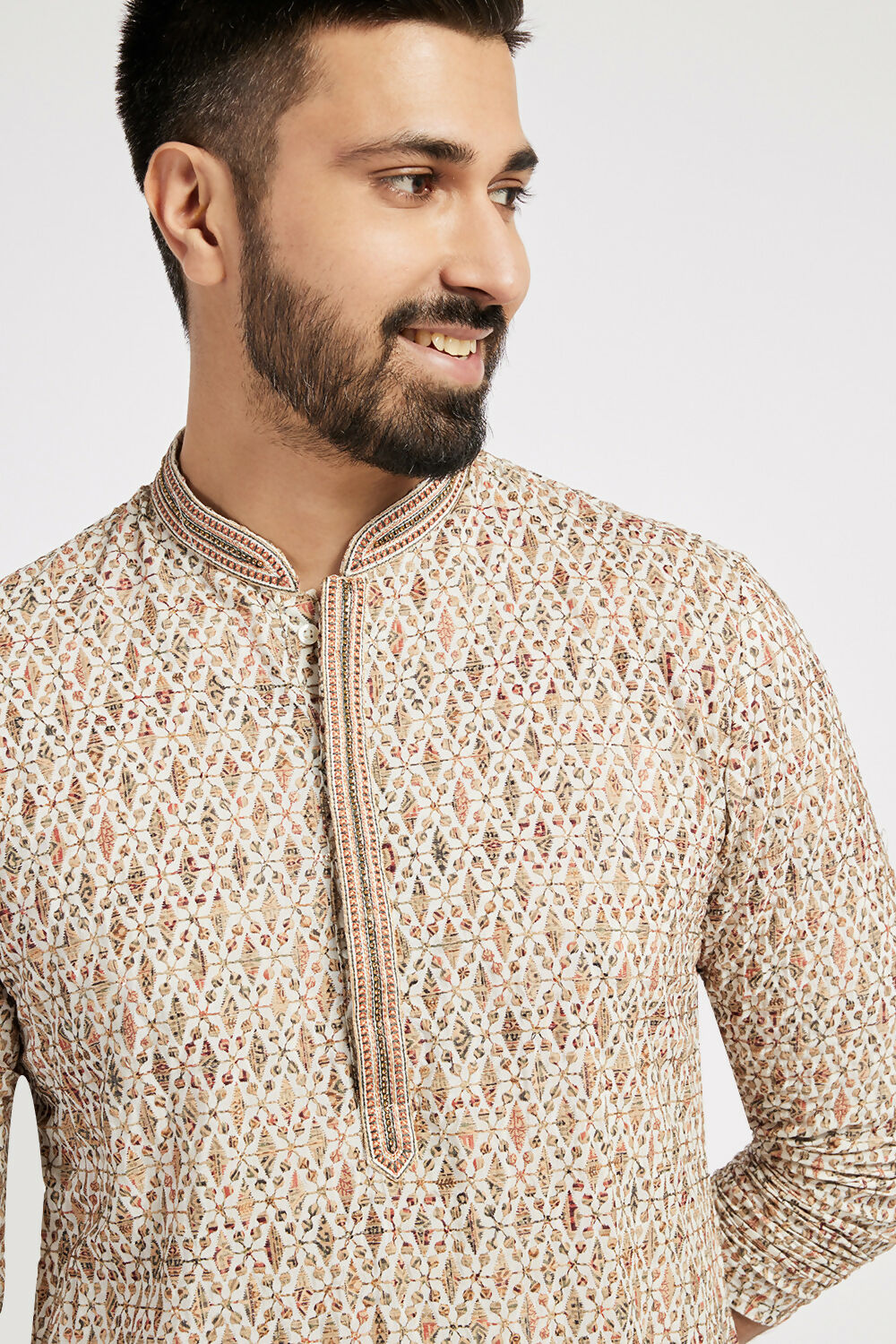 Ethnic India Beige Men's Kurta Embellished Viscose Rayon