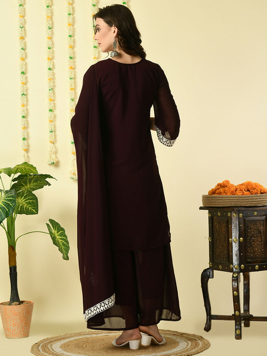 Myshka Women's Coffee Brown Georgette Kurta & Palazzos With Dupatta Party Sets