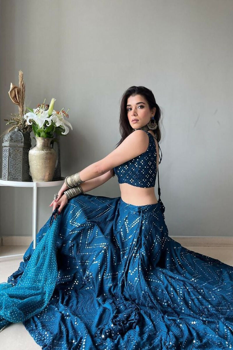Jyoti Fashion Blue Thread Embroidery Georgette Designer Lehenga Choli with Dupatta