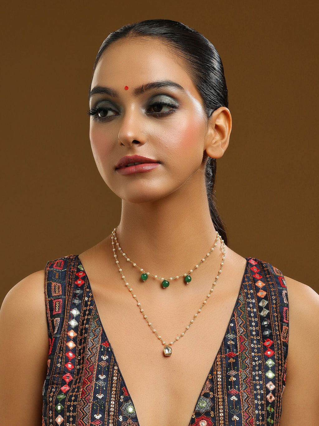 Ruby Raang Gold Kundan and Green Stone Layered Necklace