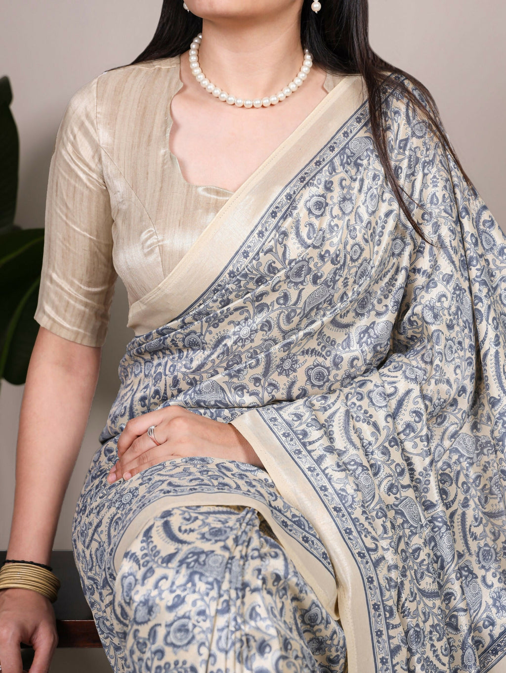 Vastranavya Blue Tussar Silk Printed Saree with Unstitched Blouse - Distacart