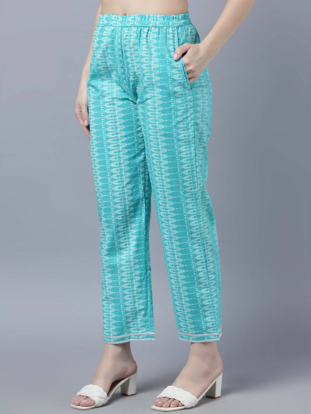 Myshka Women Turquoise Blue Layered Pure Cotton Kurti with Trousers With Dupatta Set - Distacart