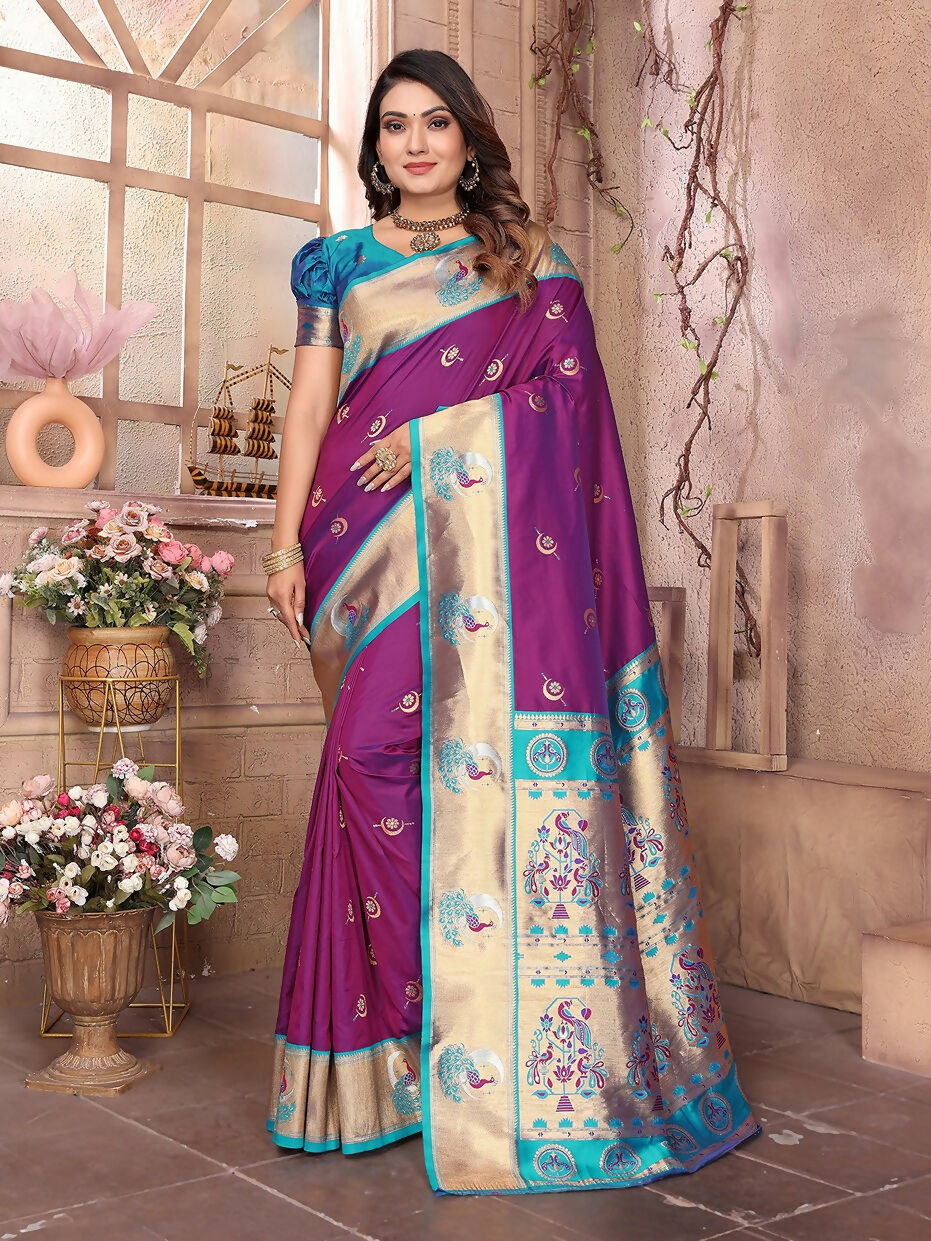Joban Fashion Paithani Wine Woven Soft Silk Saree - Distacart