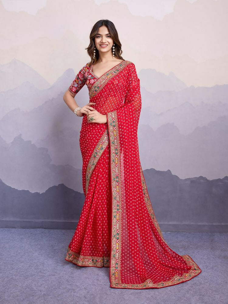 Red Georgette Bandhani Printed,Embroidery Work Saree - Surkhi