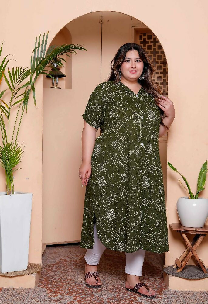 Miravan Womens Plus Size Pure Cotton Floral Printed Green Button Down A-Line Midi Dress - Distacart