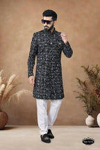 Joban Fashion Men's Black Base White & Blue Straight Velvet Thread & Sequence Embroidery All Over Indo-Western Kurta Set