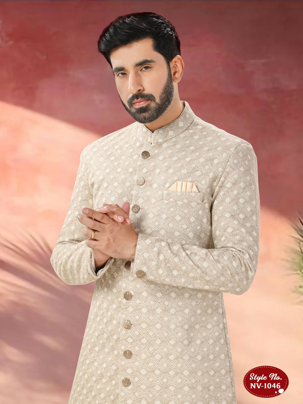 Joban Fashion Men's Beige Straight Swed Velvet Thread And Sequence Embroidary All Over Indo-Western Kurta Set