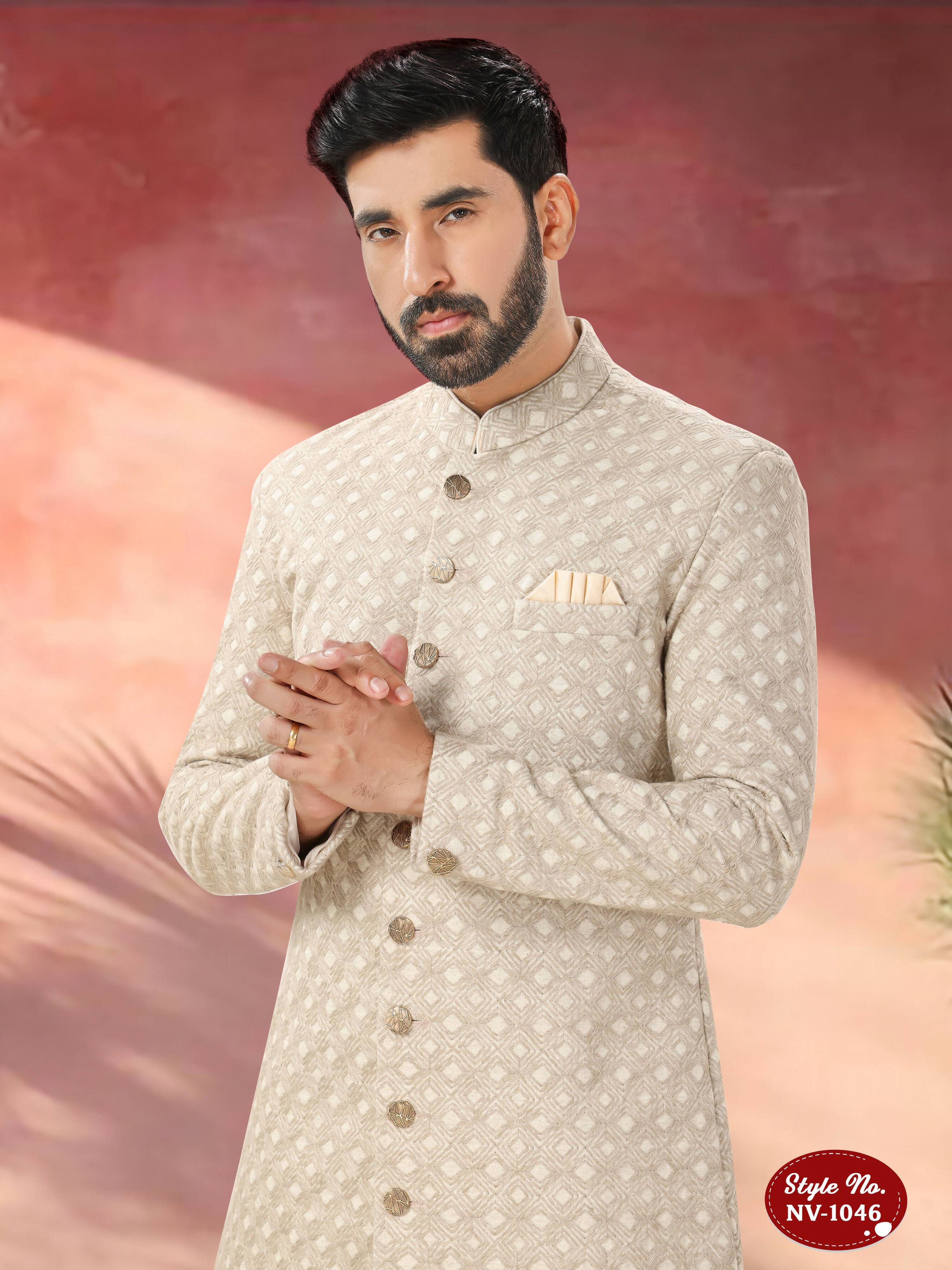 Joban Fashion Men's Beige Straight Swed Velvet Thread And Sequence Embroidary All Over Indo-Western Kurta Set