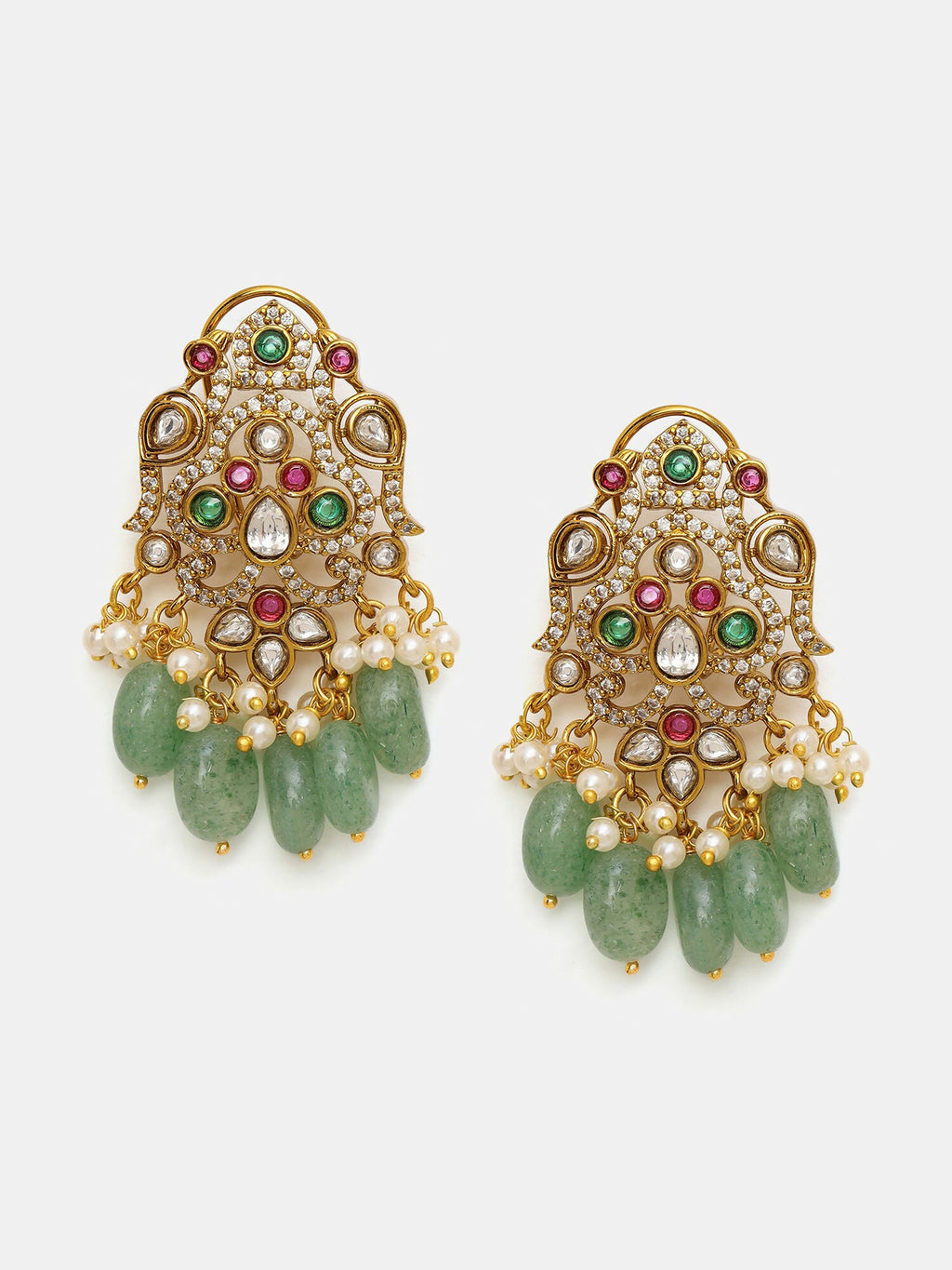 Ruby Raang 22k Gold Polished Long Kundan Heavy Maharani Necklace With Earrings