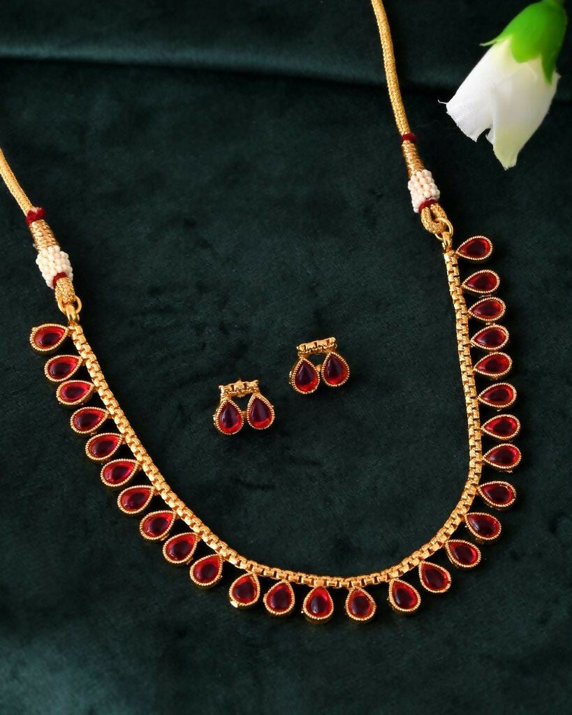 VOJ Gold-Polished Maroon Stone Studded Jewellery