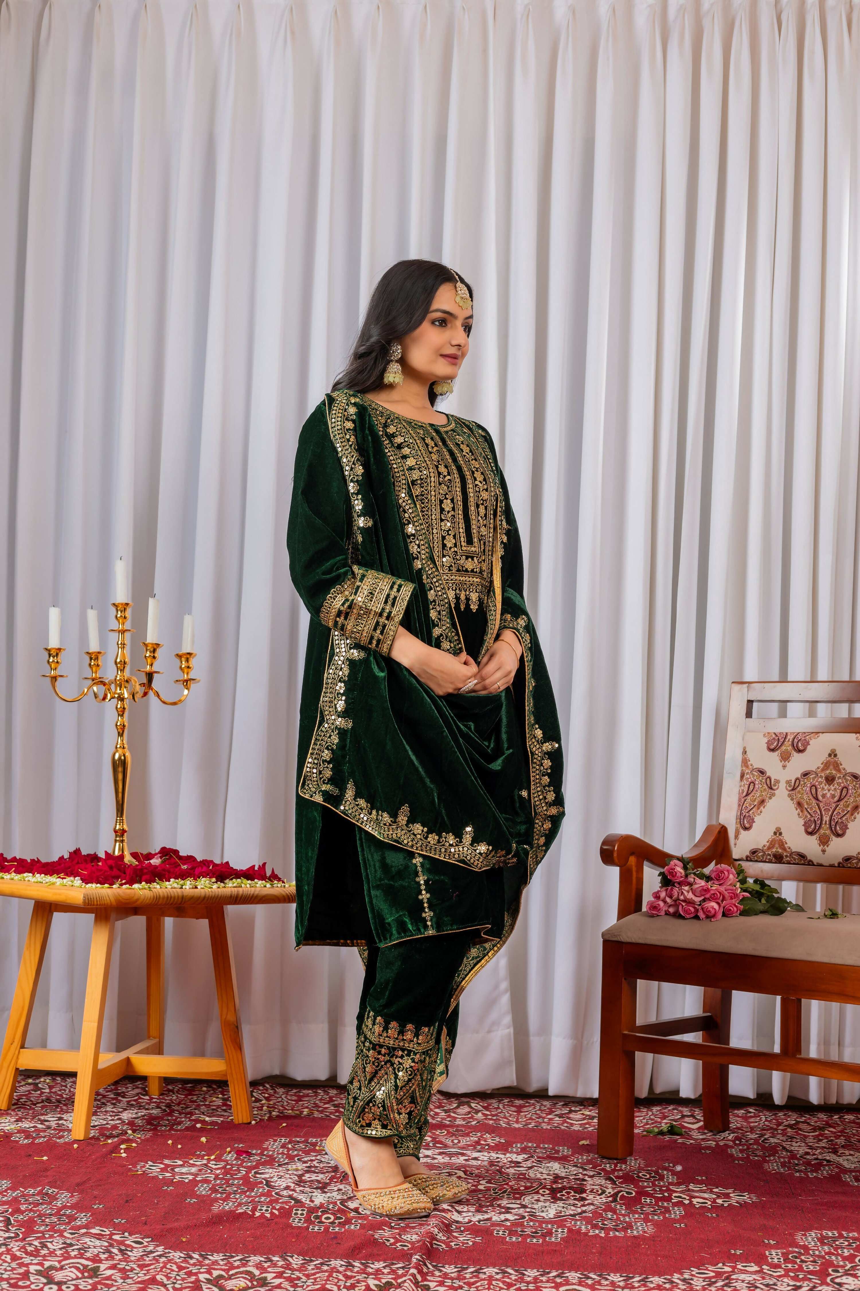 Teeya Creation Green Color Velvet Designer Embroidery Work party Wear Suit - Distacart