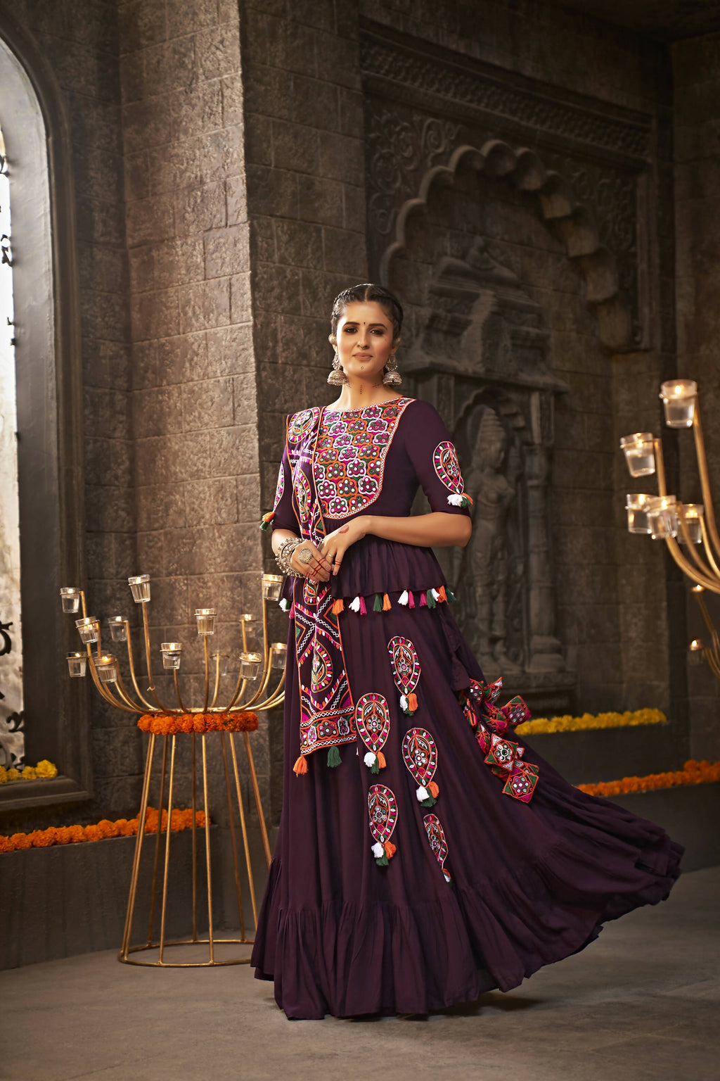 Purple Viscose Rayon Thread Embroidered Navratri Lehenga Choli with Dupatta - Raas