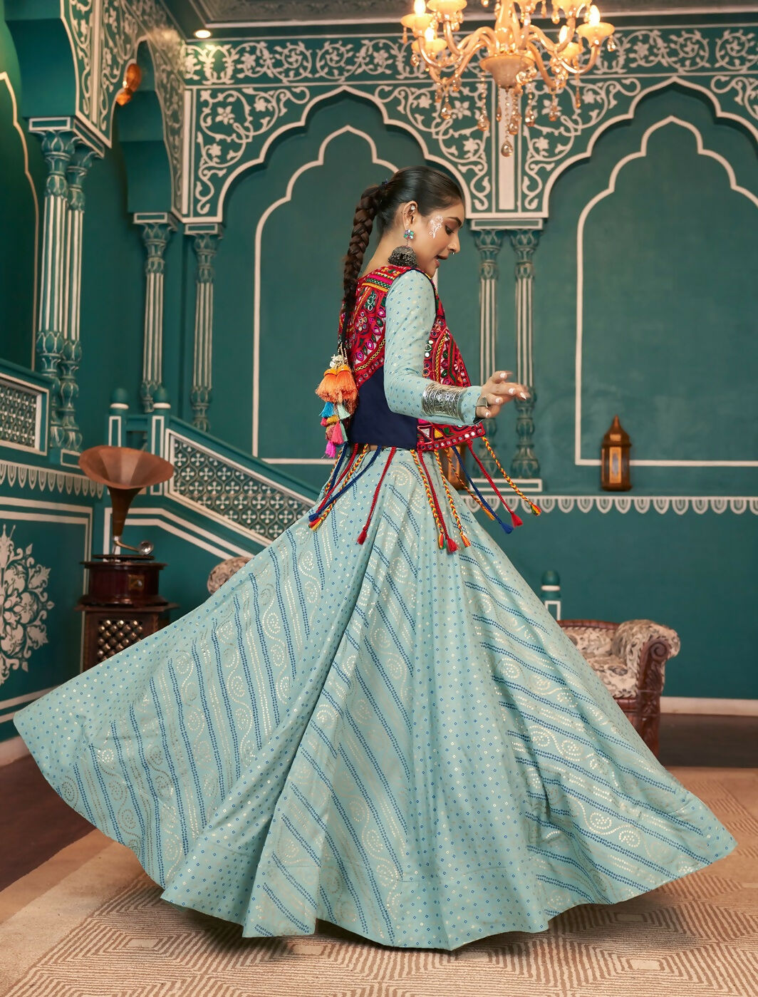 AI Fashion Pista Green Viscose Rayon Designer Navratri Lehenga Choli Collection