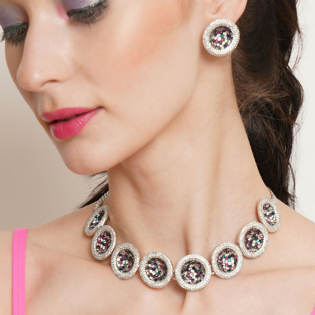 Multi Diamond and Stone Neckpiece with Studs- Ruby Raang