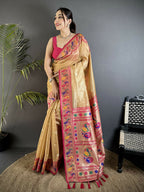 Joban Fashion Beige Zari Weaving Tissue Paithani Saree - Distacart
