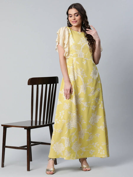Ahalyaa Womens Lemon Yellow Crepe Floral Dress